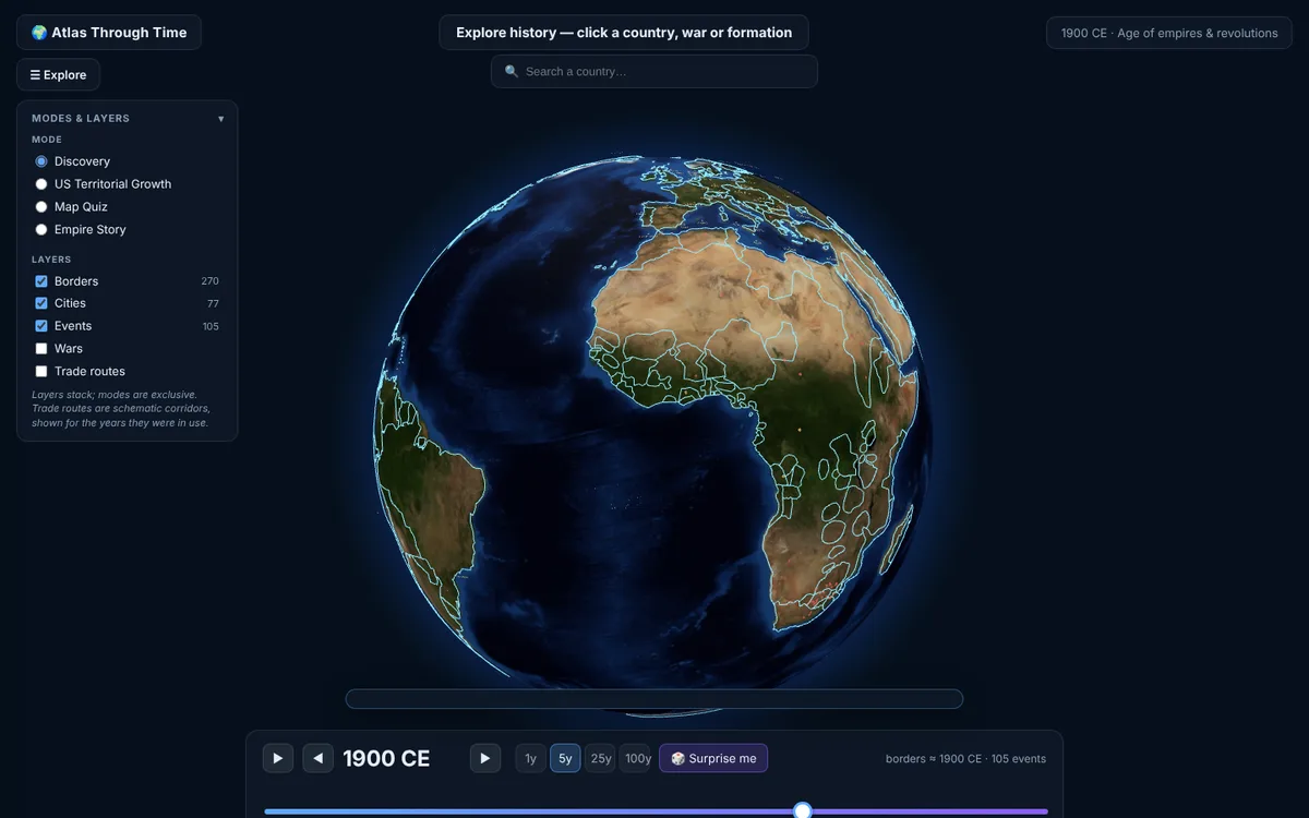 Atlas Through Time: a 3D globe showing country borders in 1900, with a timeline slider from 3000 BCE to 2000 CE